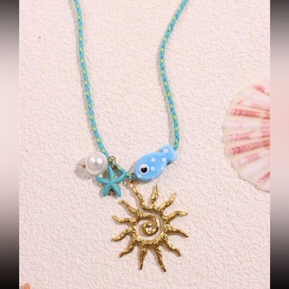 Sun Charm Necklace with Blue fish M541 - Picture 2 of 4